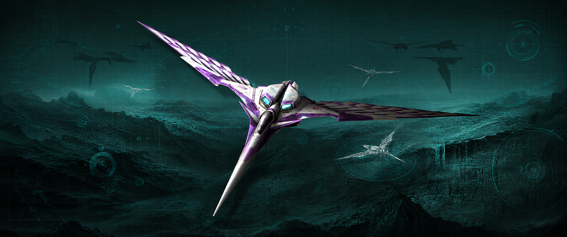 A silver and violet fighter flying above an alien landscape